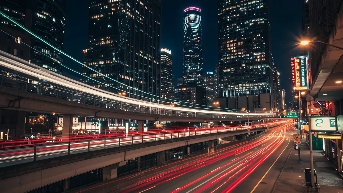 City at Night with Light Streaks and Skyscrapers