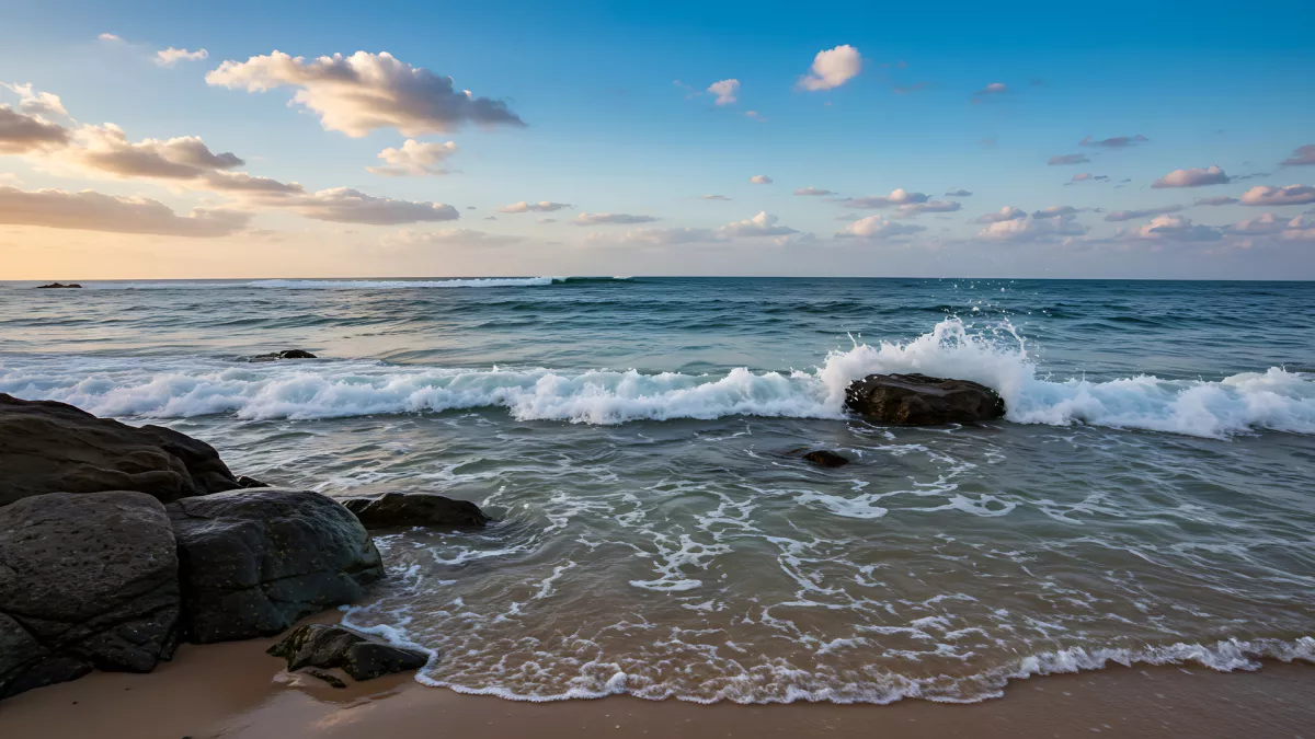 Waves Crashing on Rocks at the Beach, Golden Hour Vibes