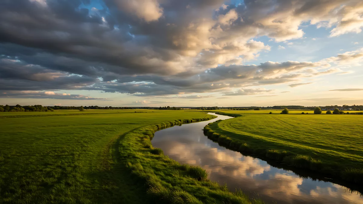 Golden Hour Glow Over Serene River and Lush Green Fields