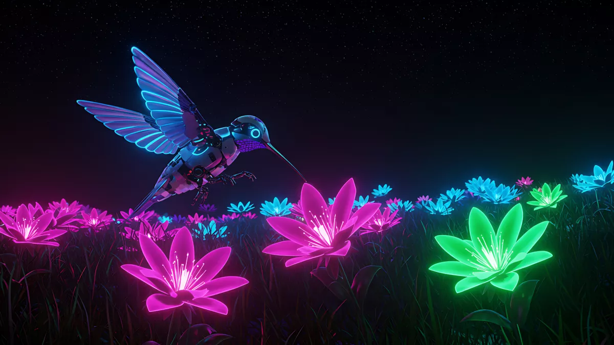Cybernetic Hummingbird Sipping Neon Lotus Nectar Under Starry Sky
