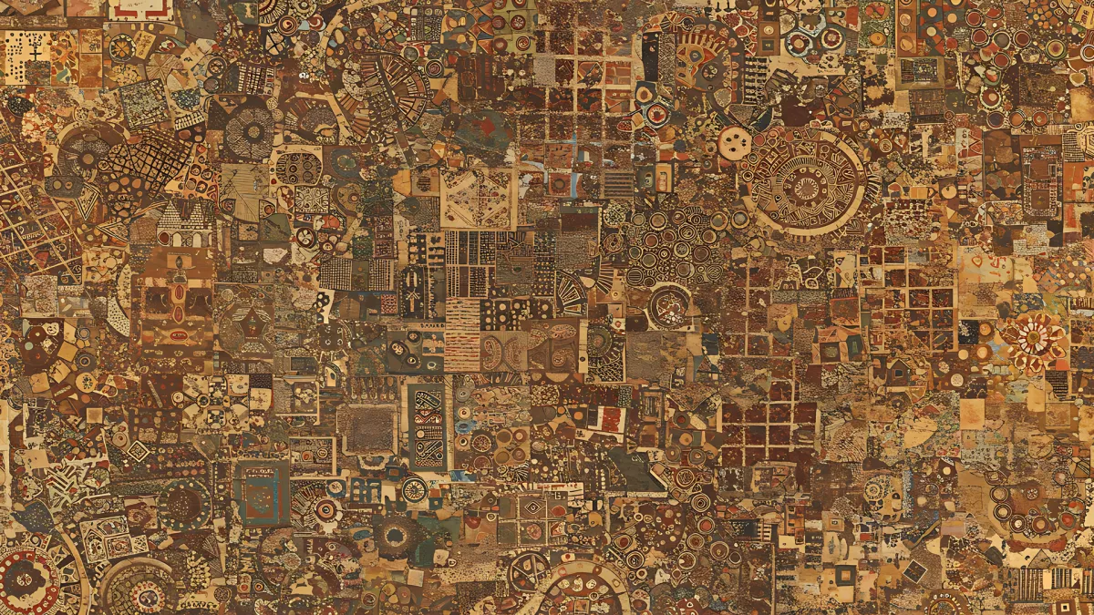 Abstract collage of vintage patterns and earthy tones