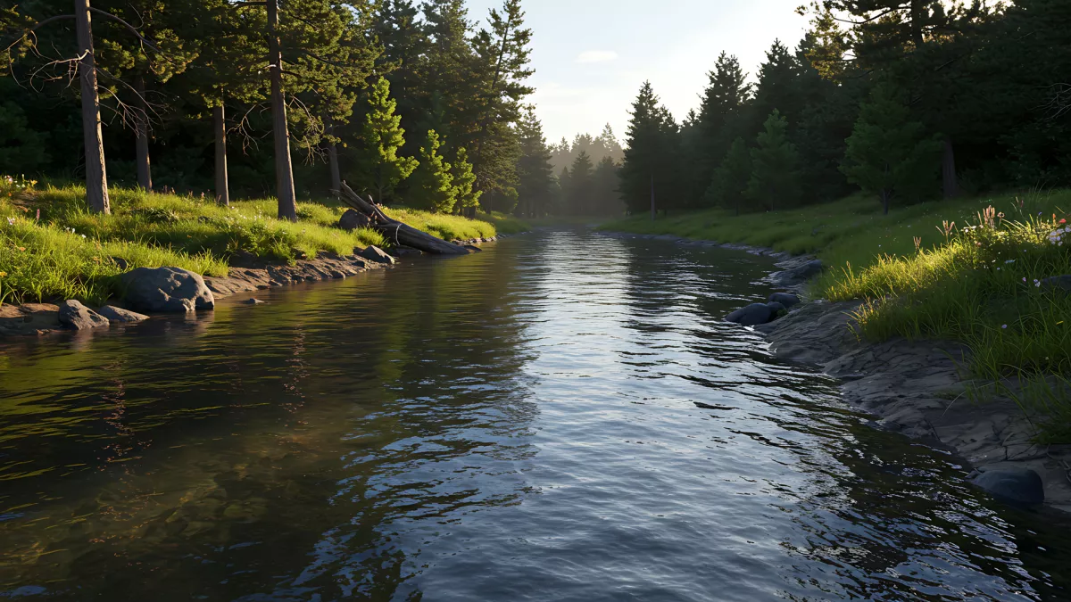 Misty River Flowing Through a Lush Green Forest