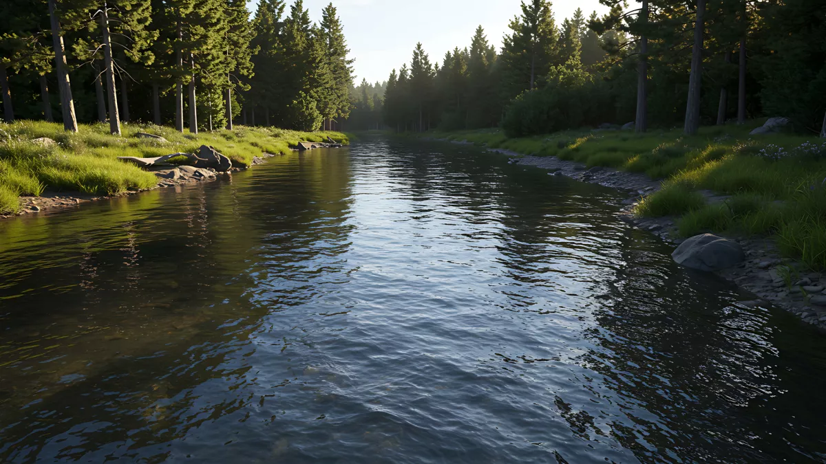 Peaceful River Flowing Through a Lush Green Forest