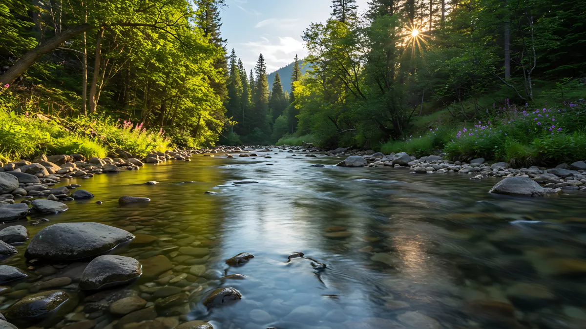 Sun kissed river flowing through a forest of green