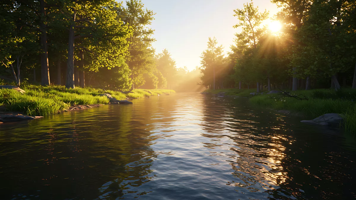 Golden Hour on the River Bank Serene Nature Scene