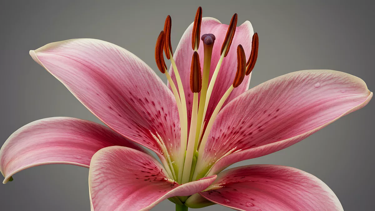 Close Up of a Pink Lily Flower on a Gray Background
