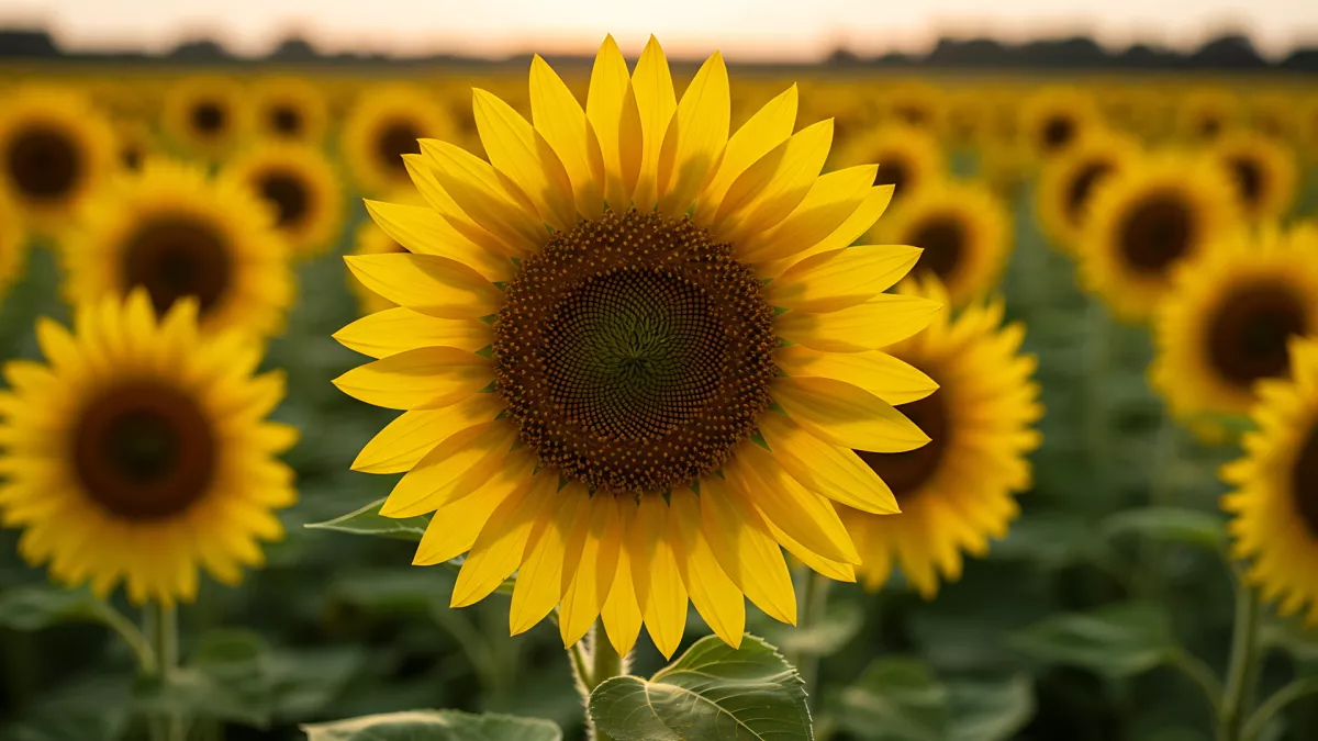 Vibrant Sunflower Field Bathed in Golden Hour Light