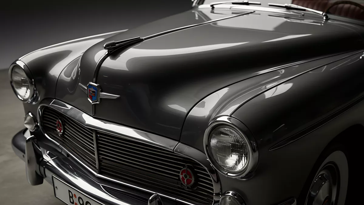 Sleek Gray Classic Car Front Grill and Headlight Detail