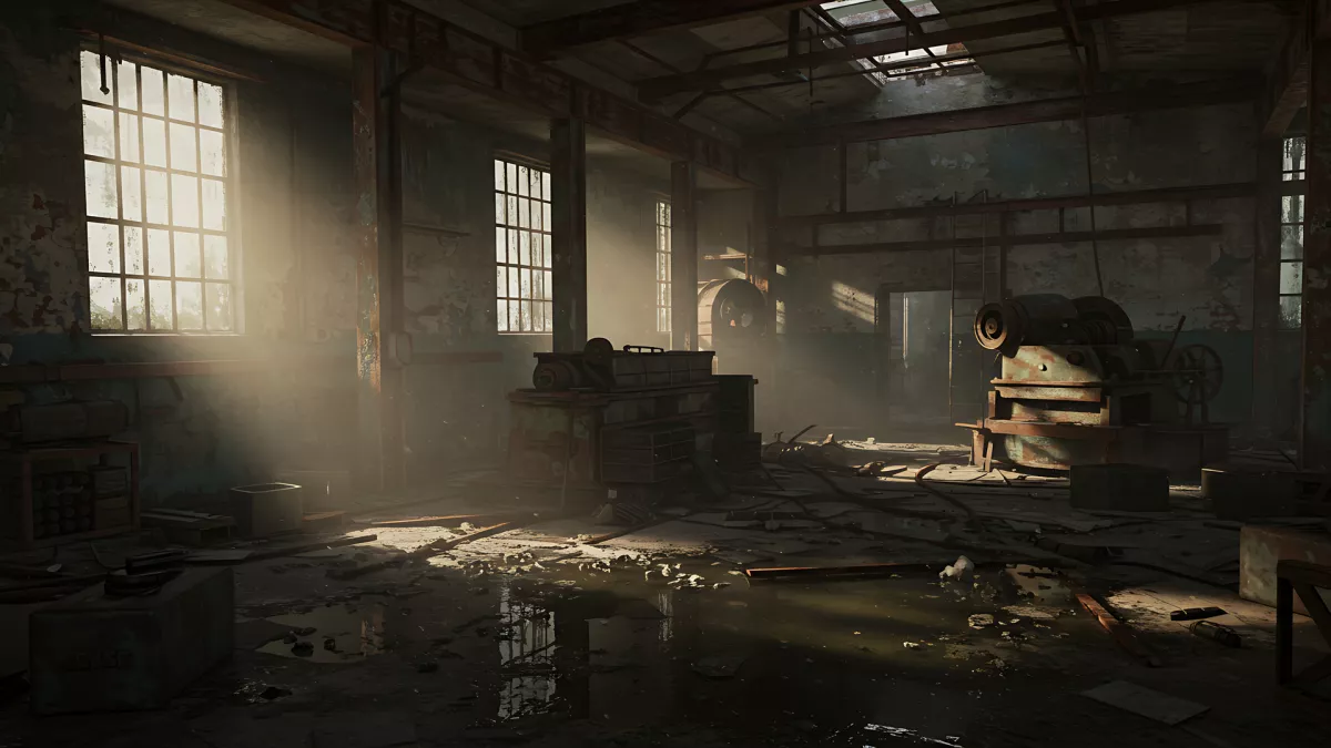 Abandoned Factory Interior with Light Rays Peeking Through