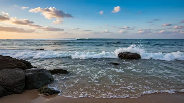 Waves Crashing on Rocks at the Beach, Golden Hour Vibes