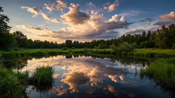 Golden Hour Reflections on a Tranquil Pond Scene