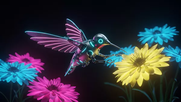 Cybernetic Hummingbird Among Neon Flowers So Dope