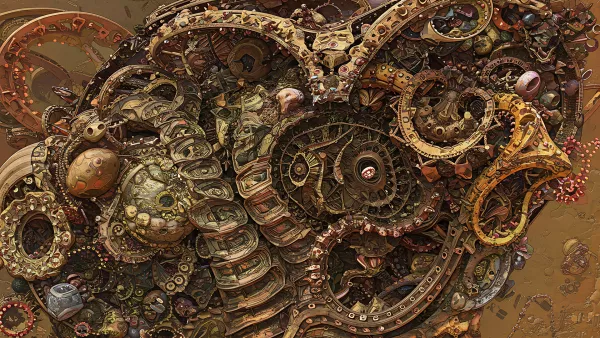 Steampunk dreamscape of gears and organic forms