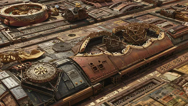 Steampunk Cityscape of Gears and Intricate Metalwork