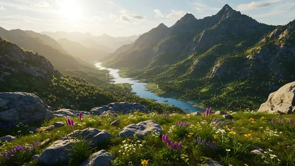 Mountain Valley View with Wildflowers and a River