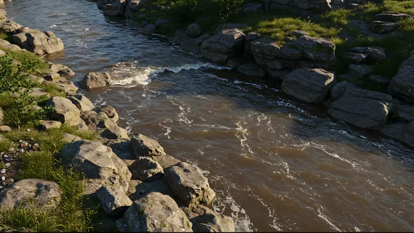 Rocky River Bank with Gentle Flowing Water Scenery