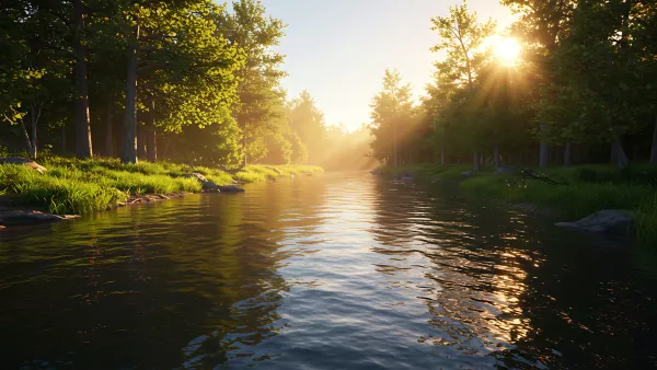 Golden Hour on the River Bank Serene Nature Scene