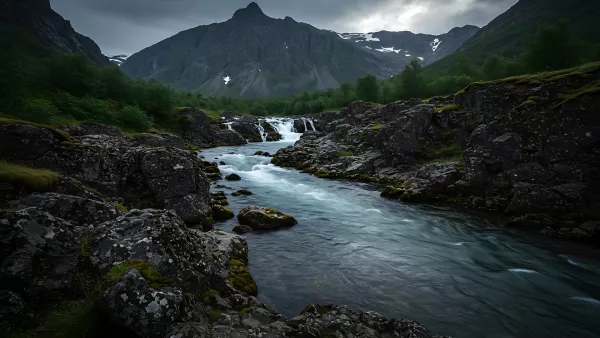 Moody mountain stream vibes for your phone background