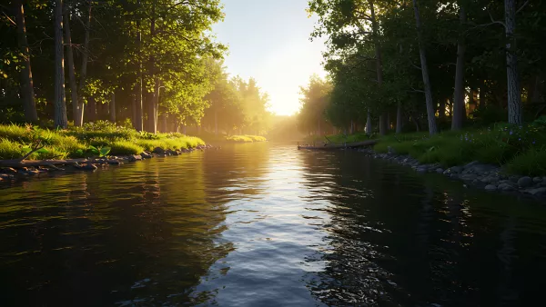 Golden Hour on the River Bank Serene Nature Scene