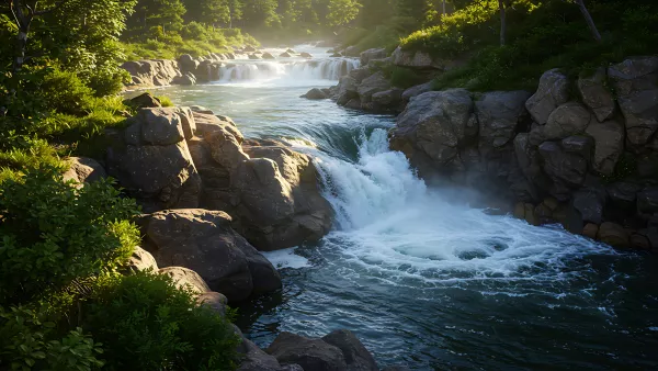 Cascading water over rocks surrounded by lush greenery