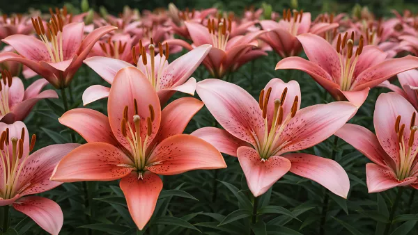 Salmon-Pink Lilies in Full Bloom, Nature's Delicate Touch