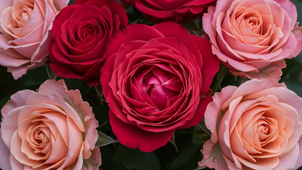 A Bouquet of Roses in Full Bloom Shades of Red and Pink