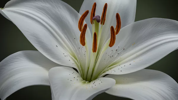 Close up of a White Lily with a Dark Green Backdrop