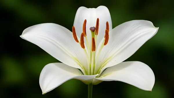 Close-up of a White Lily Flower with Dark Green Backdrop