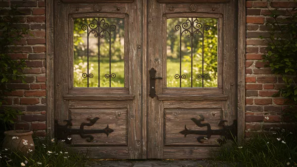 Rustic Wooden Gate with a Glimpse of Greenery Beyond