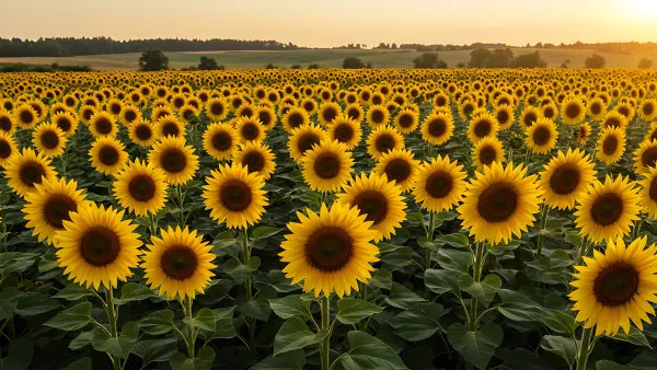 Endless field of sunflowers basking in the golden hour light