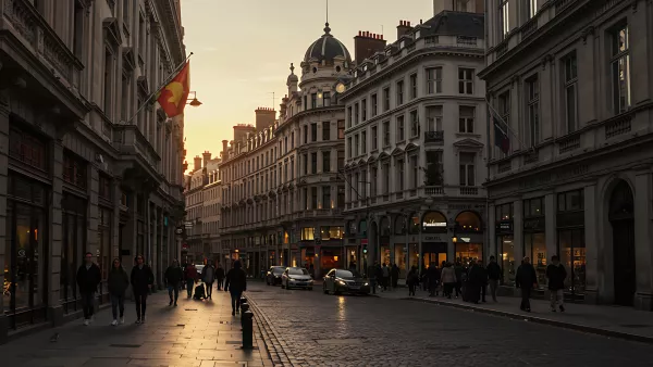 Golden Hour Glow on a Bustling City Street Scene