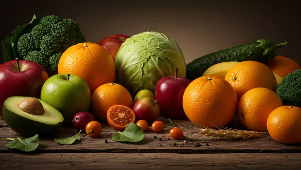 Fresh Harvest Still Life with Apples Oranges and Greens