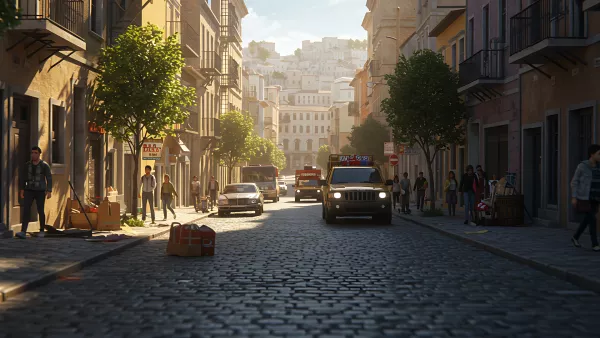 Cobblestone Street Scene with Cars and Pedestrians