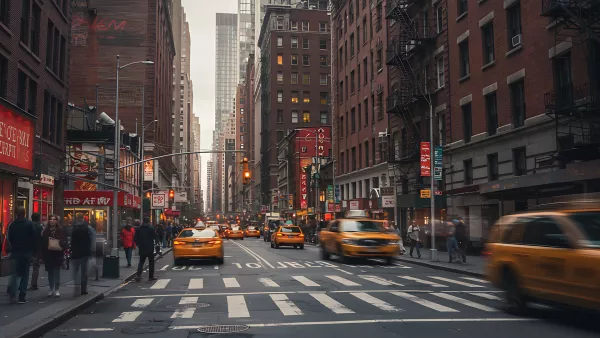 NYC Street Scene Yellow Cabs and Brick Buildings Galore