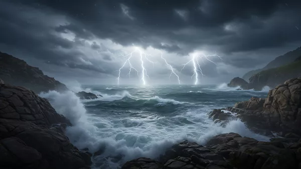 Stormy Coastline with Lightning Strikes Epic Ocean View