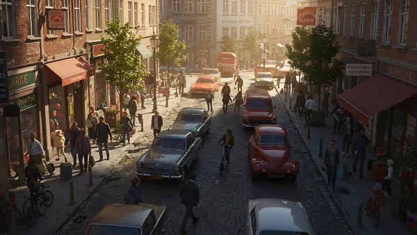 Vintage cars and bustling streets in a European city