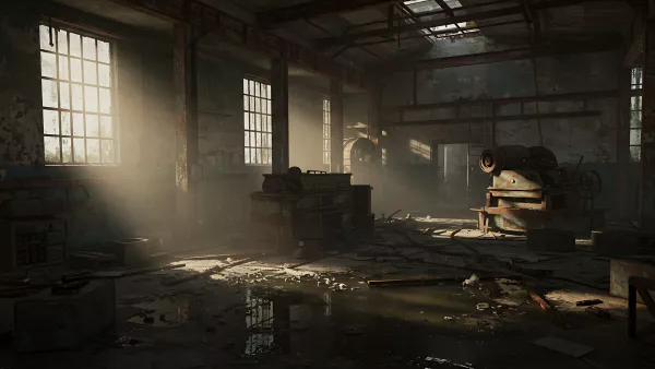 Abandoned Factory Interior with Light Rays Peeking Through