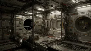Inside a spaceship, all the wires and metal you could want