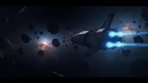 Spaceship blasting through an asteroid field in deep space