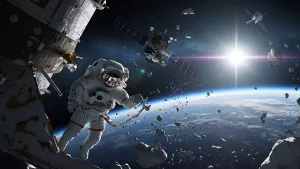 Astronaut chillin' in orbit above Earth with some space junk