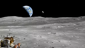Earthrise from the Moon surface with a rover chilling