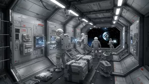 Astronauts chilling in the space station with Earth view