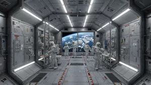 Crew on a Space Station with a View of Earth from the Window