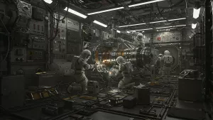 Space Station Crew Working on Equipment Repair Mission