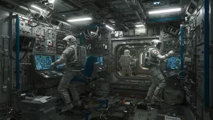 Astronauts working inside a space station control room