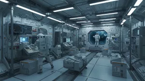 Astronauts chilling in a spaceship laboratory or something