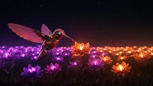Robotic Hummingbird Sipping Nectar in a Glowing Flower Field