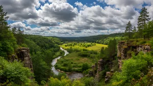 Verdant Valley View with River and Dramatic Sky