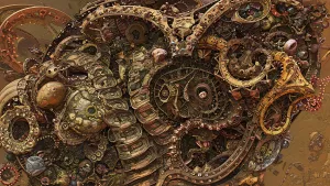 Steampunk dreamscape of gears and organic forms