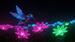 Cybernetic Hummingbird Sipping Neon Lotus Nectar Under Starry Sky